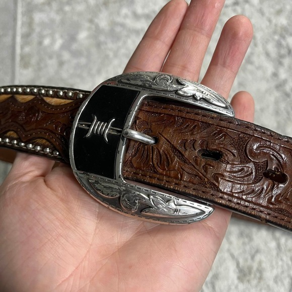 Mens Western Genuine Leather Hair-on Cowhide Belt Silver Buckle Cross - Picture 8 of 10